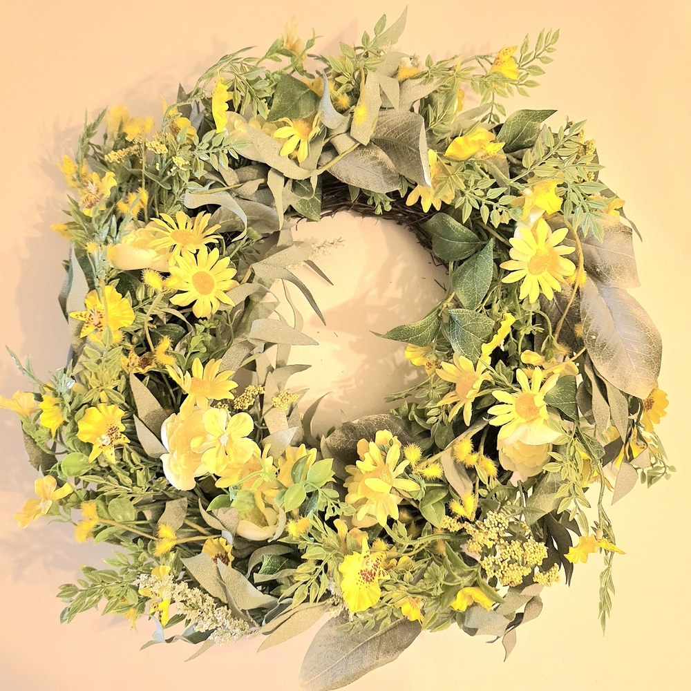 Binfen 20" Spring Summer Blossom Wreath Forsythia Daisy Yellow Green NWT